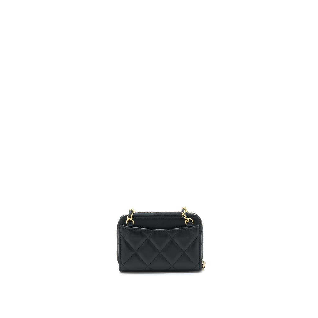 CHANEL 22C PEARL CRUSH CARD HOLDER WITH CHAIN LAMBSKIN BLACK GHW