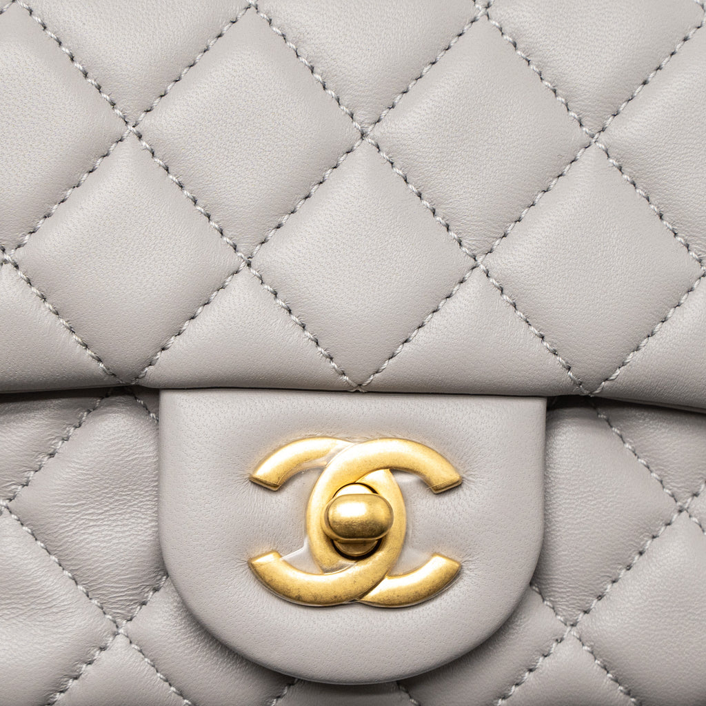 CHANEL PEARL CRUSH MINI RECTANGULAR LAMBSKIN LIGHT GREY BRUSHED GHW (MICROCHIP)