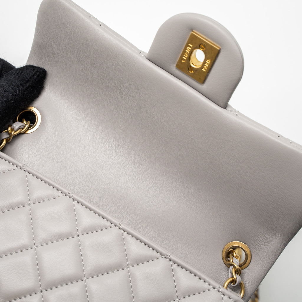 CHANEL PEARL CRUSH MINI RECTANGULAR LAMBSKIN LIGHT GREY BRUSHED GHW (MICROCHIP)