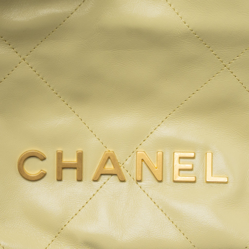 CHANEL 23S MINI 22 BAG SHINY CALFSKIN LIGHT YELLOW BRUSHED GHW (MICROCHIP)