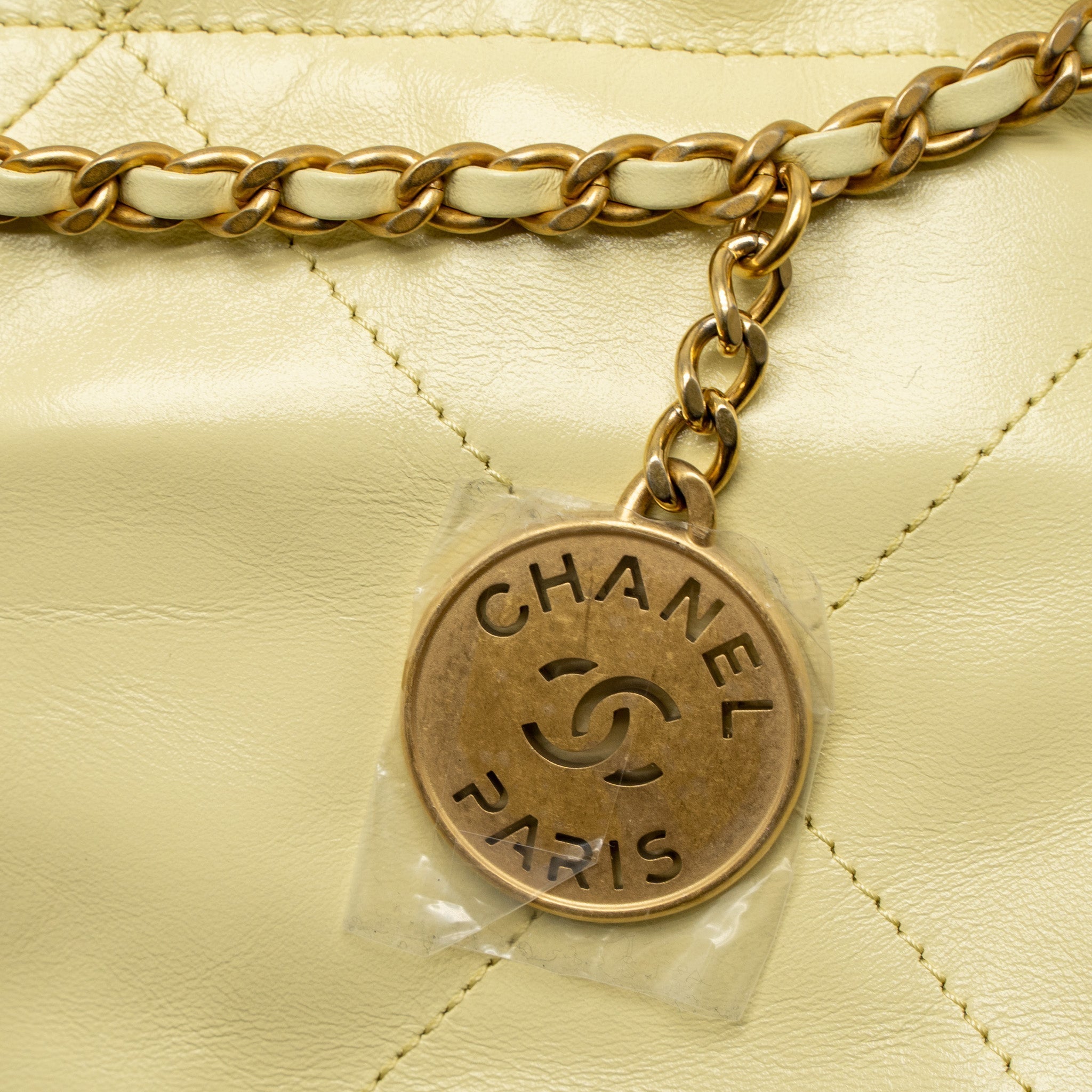 CHANEL 23S MINI 22 BAG SHINY CALFSKIN LIGHT YELLOW BRUSHED GHW (MICROCHIP)
