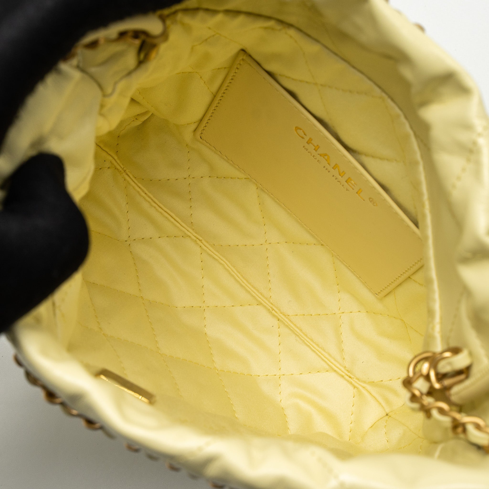CHANEL 23S MINI 22 BAG SHINY CALFSKIN LIGHT YELLOW BRUSHED GHW (MICROCHIP)