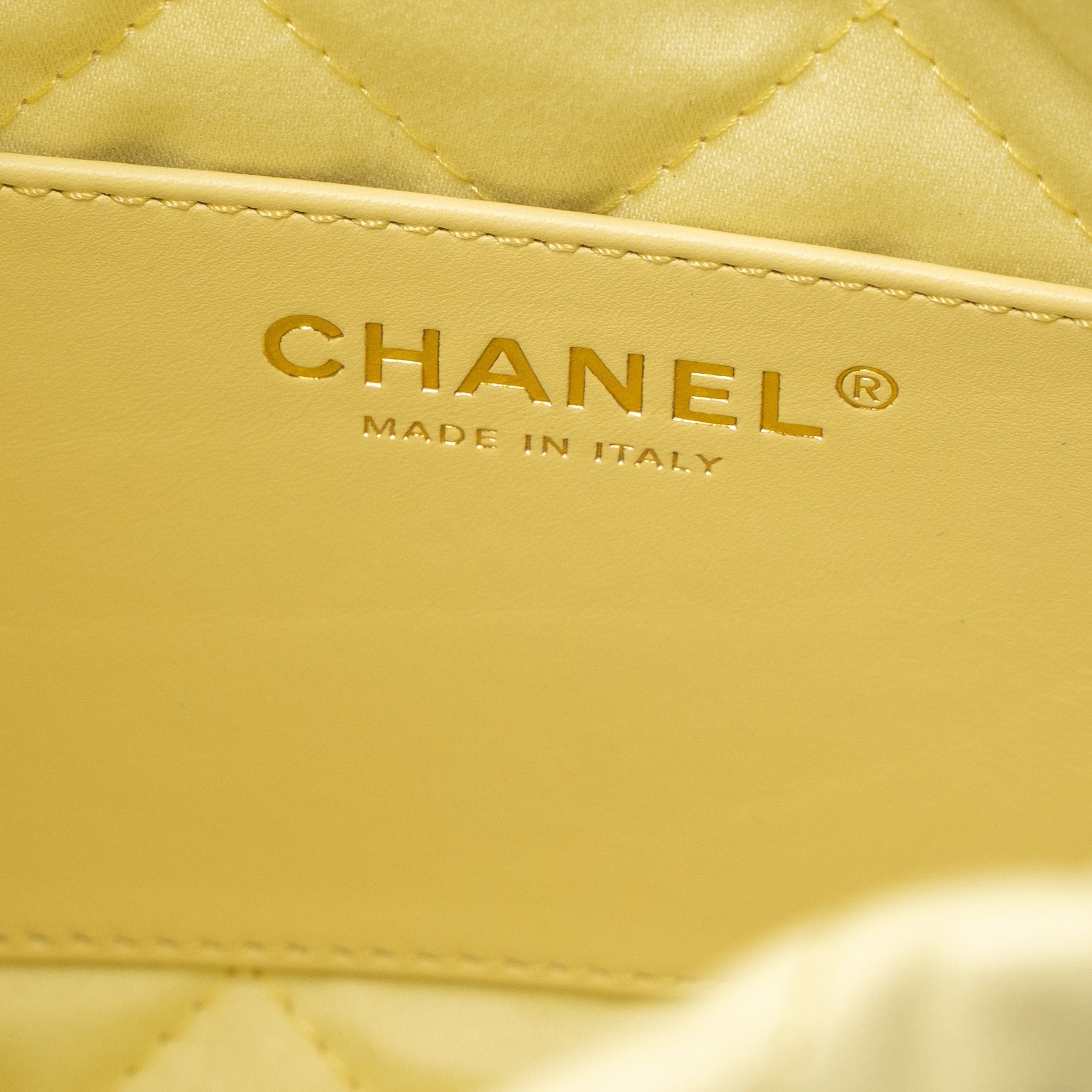 CHANEL 23S MINI 22 BAG SHINY CALFSKIN LIGHT YELLOW BRUSHED GHW (MICROCHIP)