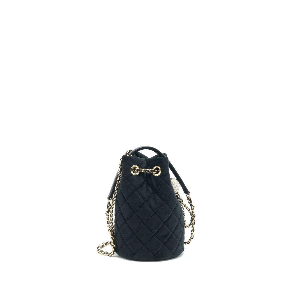 CHANEL PEARL CRUSH ON CHAIN MINI BUCKET VELVET BLACK LGHW