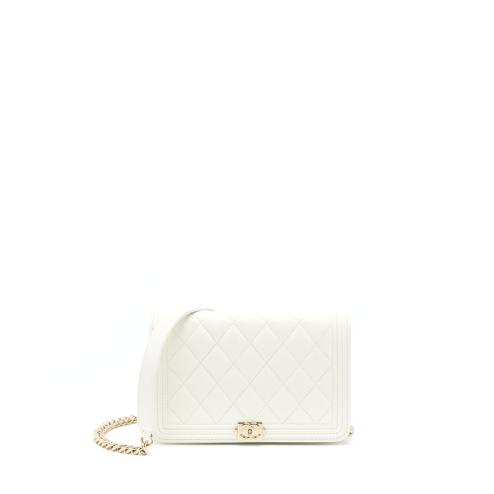 CHANEL BOY WALLET ON CHAIN CAVIAR WHITE LGHW (MICROCHIP)