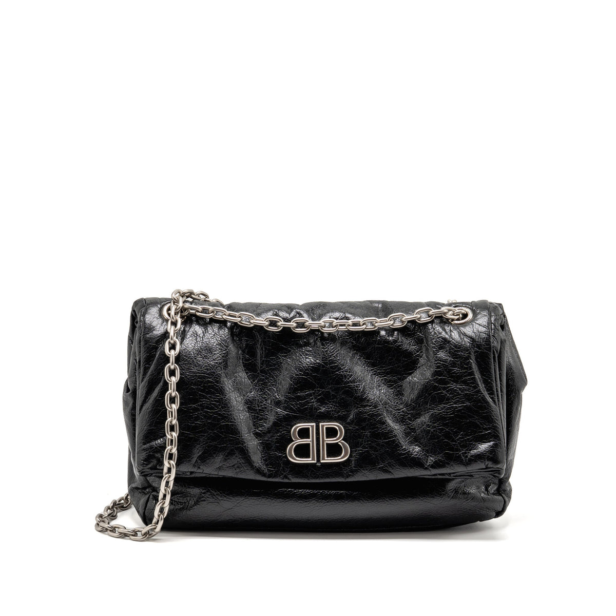 Balenciaga Medium Monaco Chain Shoulder Bag Crinkled Leather Black SHW