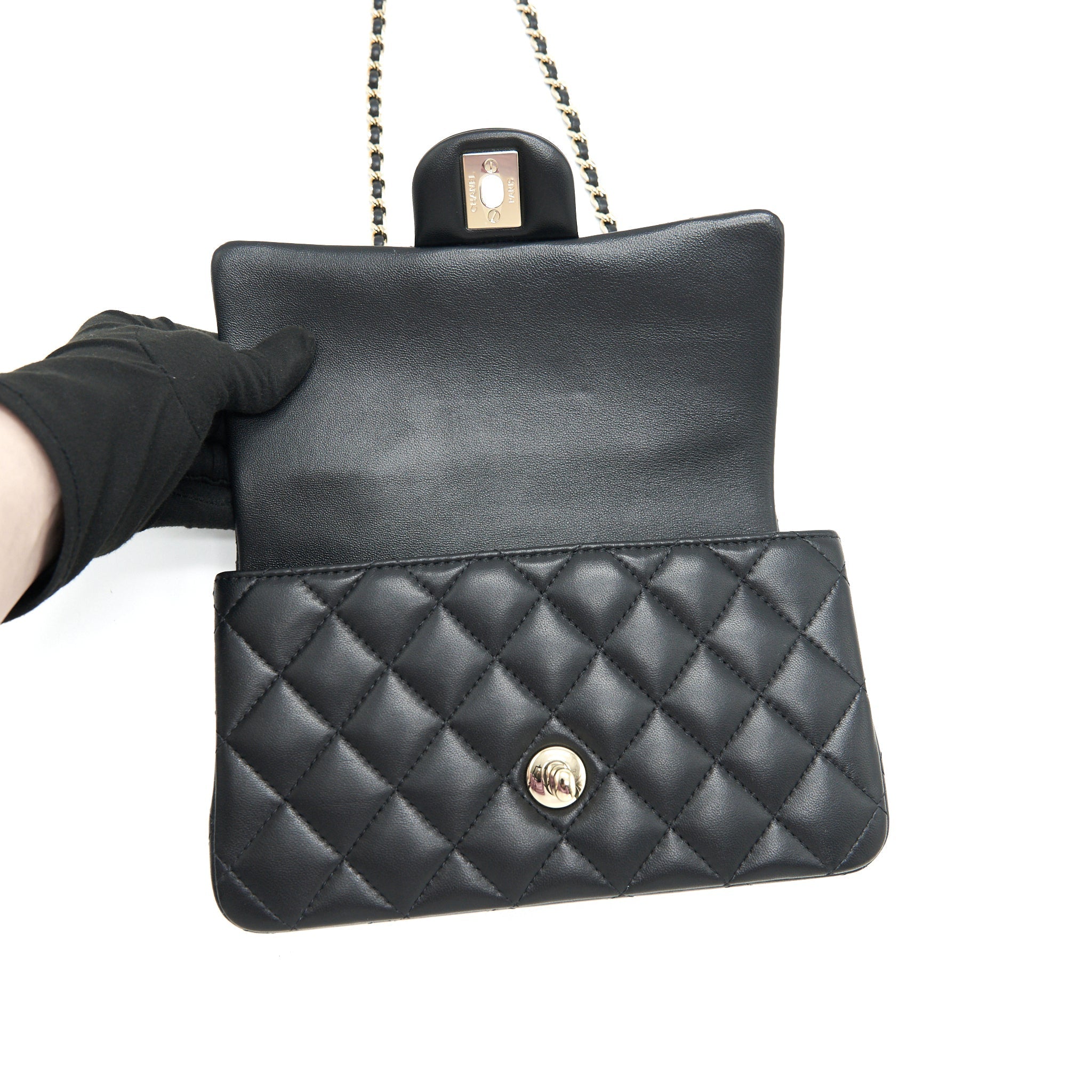 CHANEL TOP HANDLE MINI RECTANGULAR FLAP BAG LAMBSKIN BLACK LGHW (MICROCHIP)