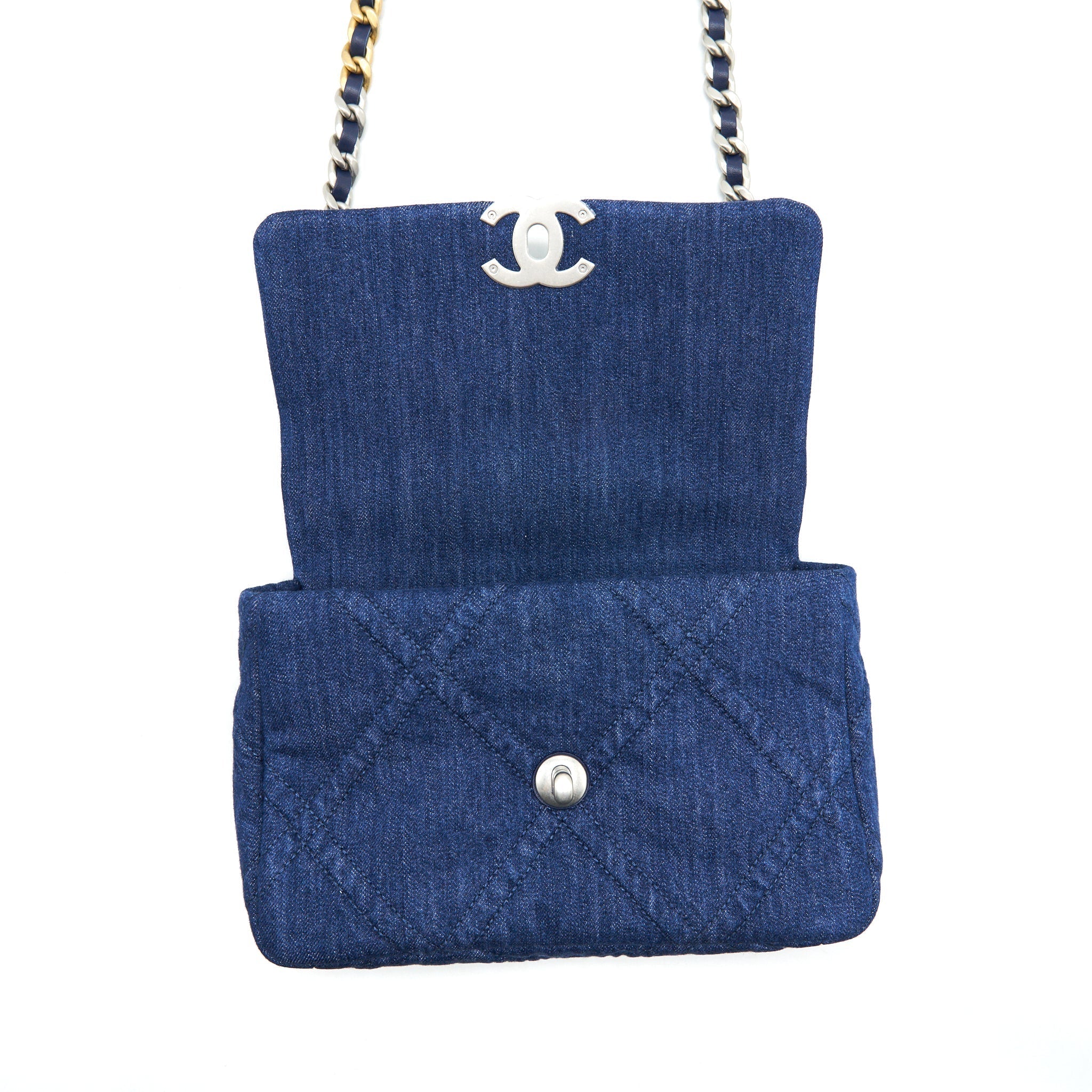 CHANEL 22P DENIM 19 BAG SMALL DARK BLUE
