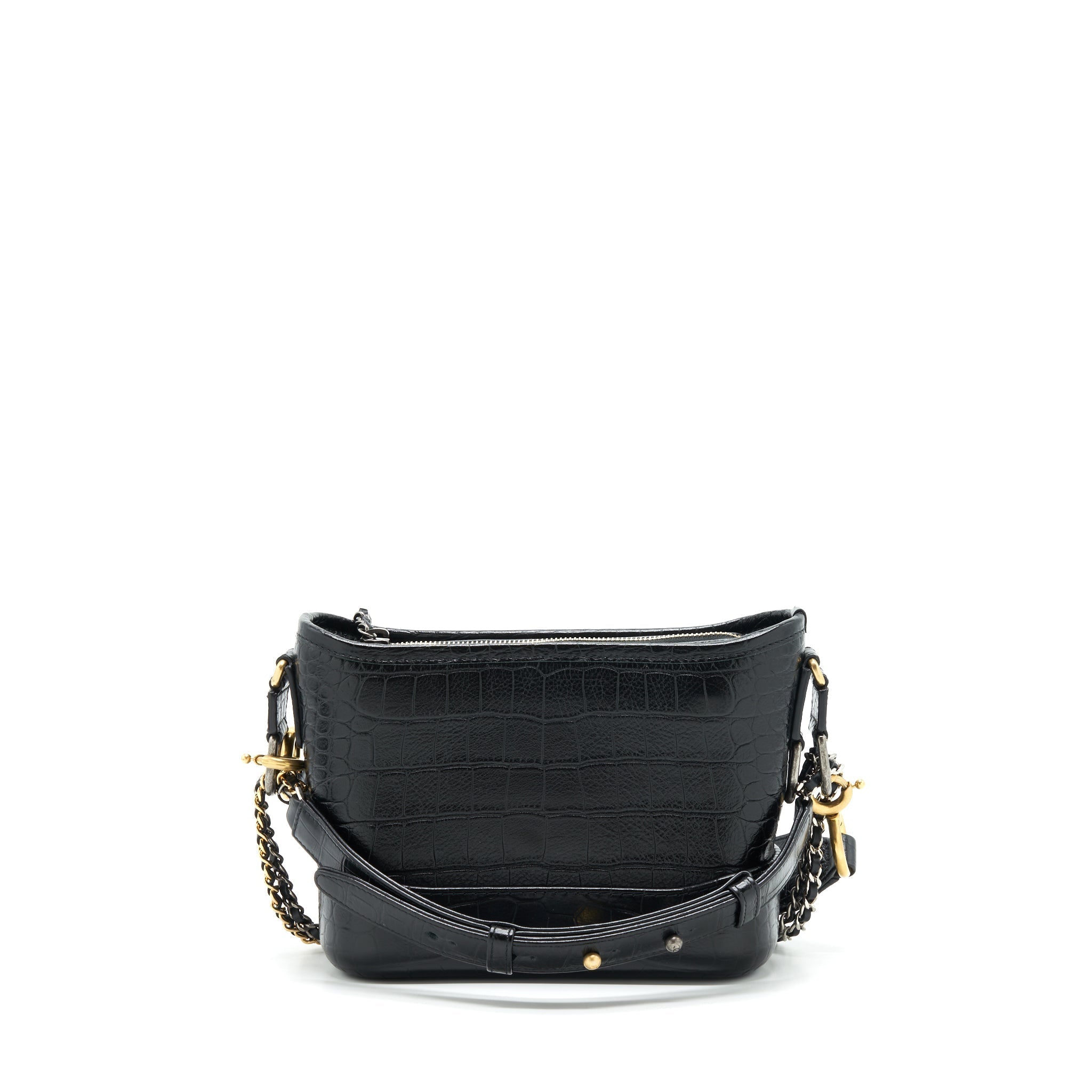 CHANEL SMALL GABRIELLE HOBO BAG WITH HANDLE CROC-EMBOSSED CALFSKIN BLACK GOLD/SILVER HARDWARE