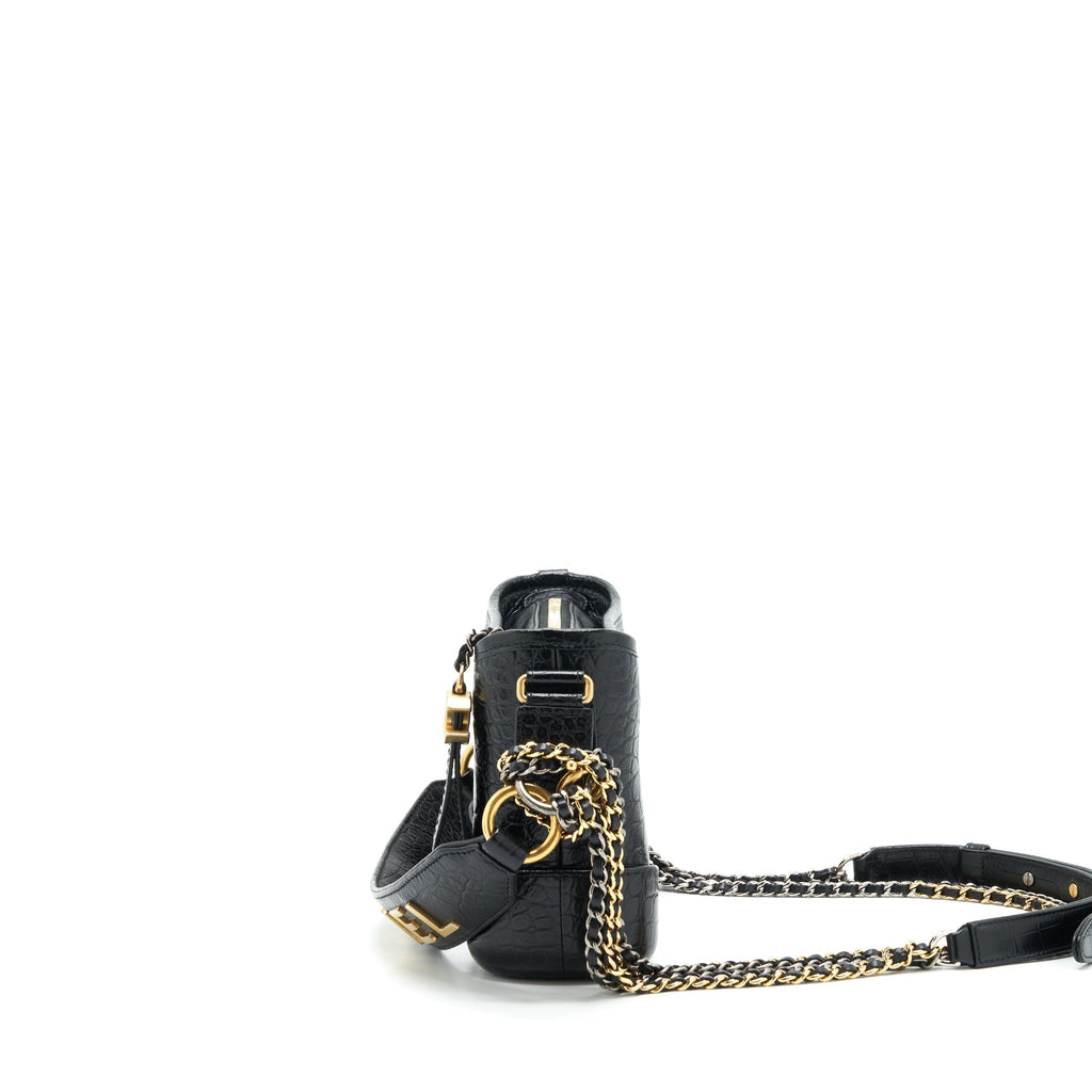CHANEL SMALL GABRIELLE HOBO BAG WITH HANDLE CROC-EMBOSSED CALFSKIN BLACK GOLD/SILVER HARDWARE