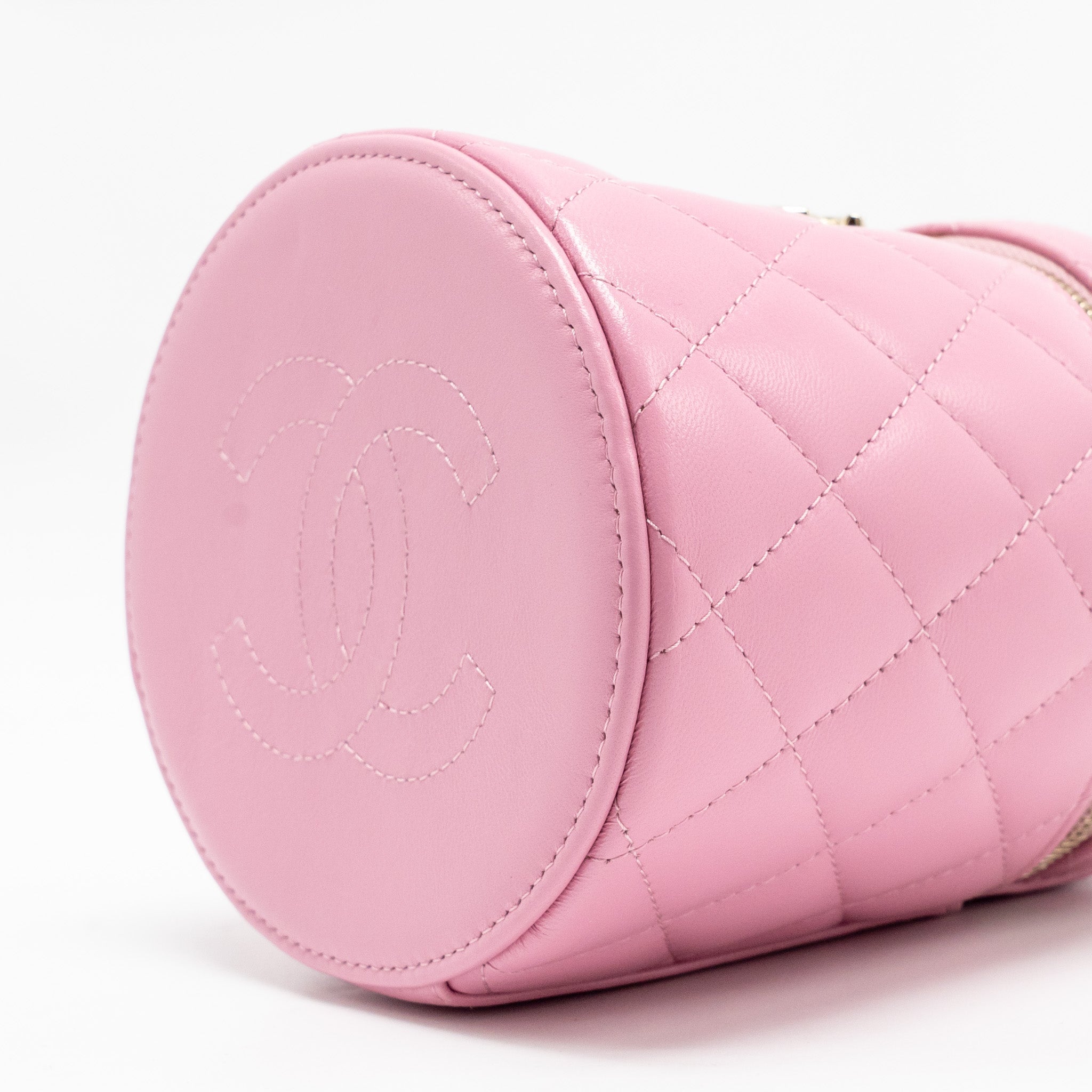 CHANEL TOP HANDLE ROUND VANITY CASE LAMBSKIN PINK LGHW