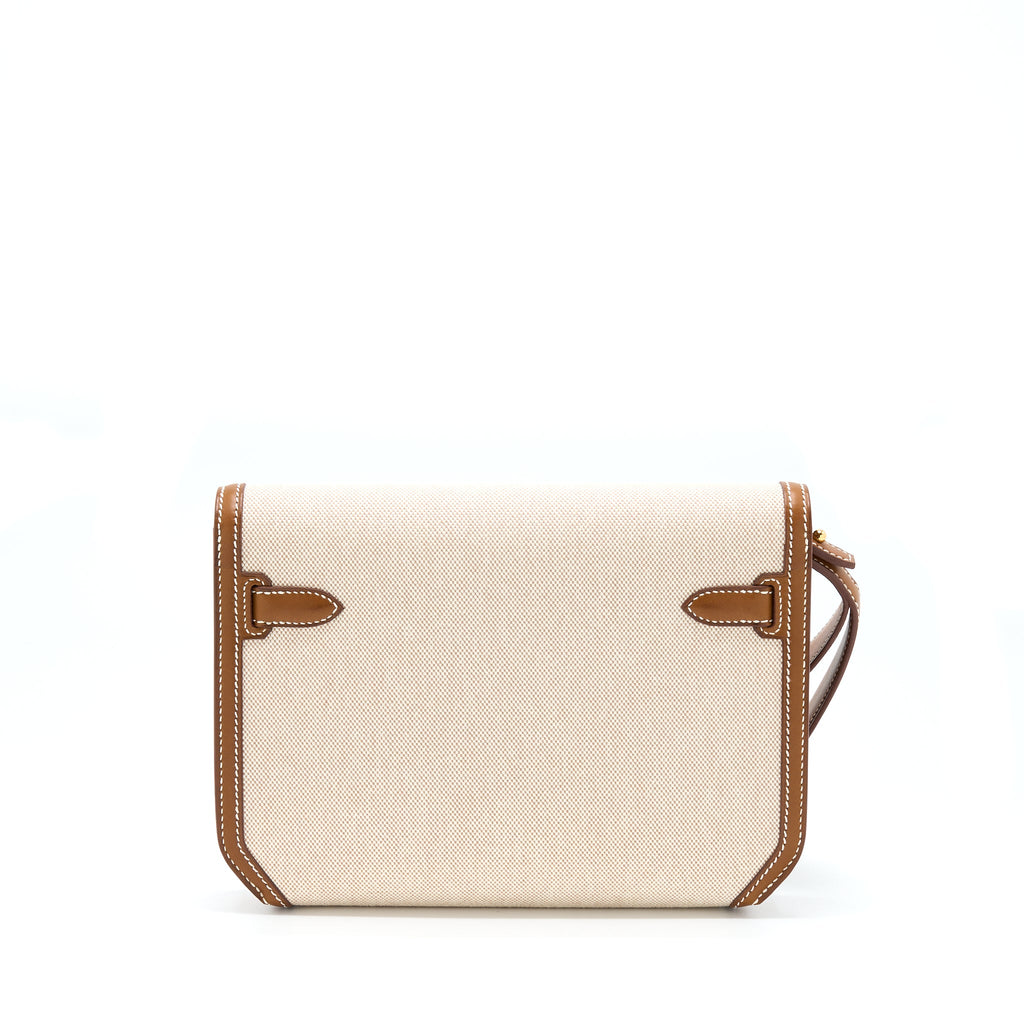 Hermes Pochette Kelly Depeches 25 Canvas and Barenia, Ecru/ Beige / Fauve GHW