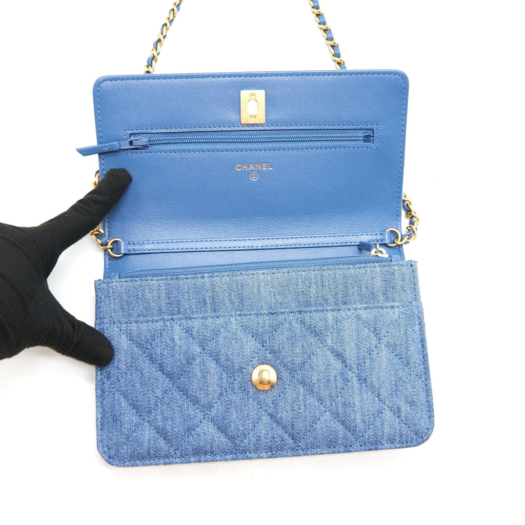 CHANEL 22C PEARL CRUSH WALLET ON CHAIN DENIM GHW