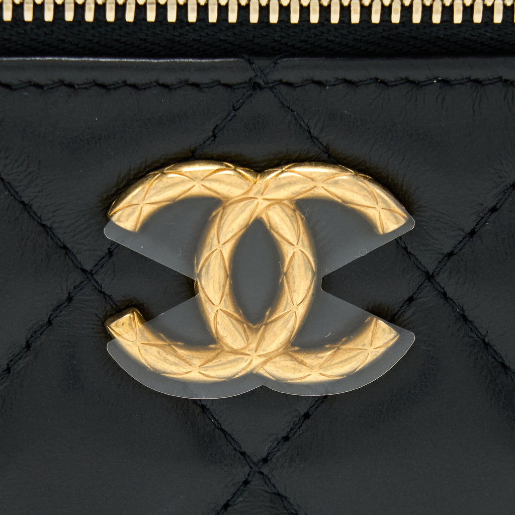 CHANEL 22K GOLD PILLAR ADJUSTABLE CHAIN LONG VANITY LAMBSKIN BLACK GHW (MICROCHIP)