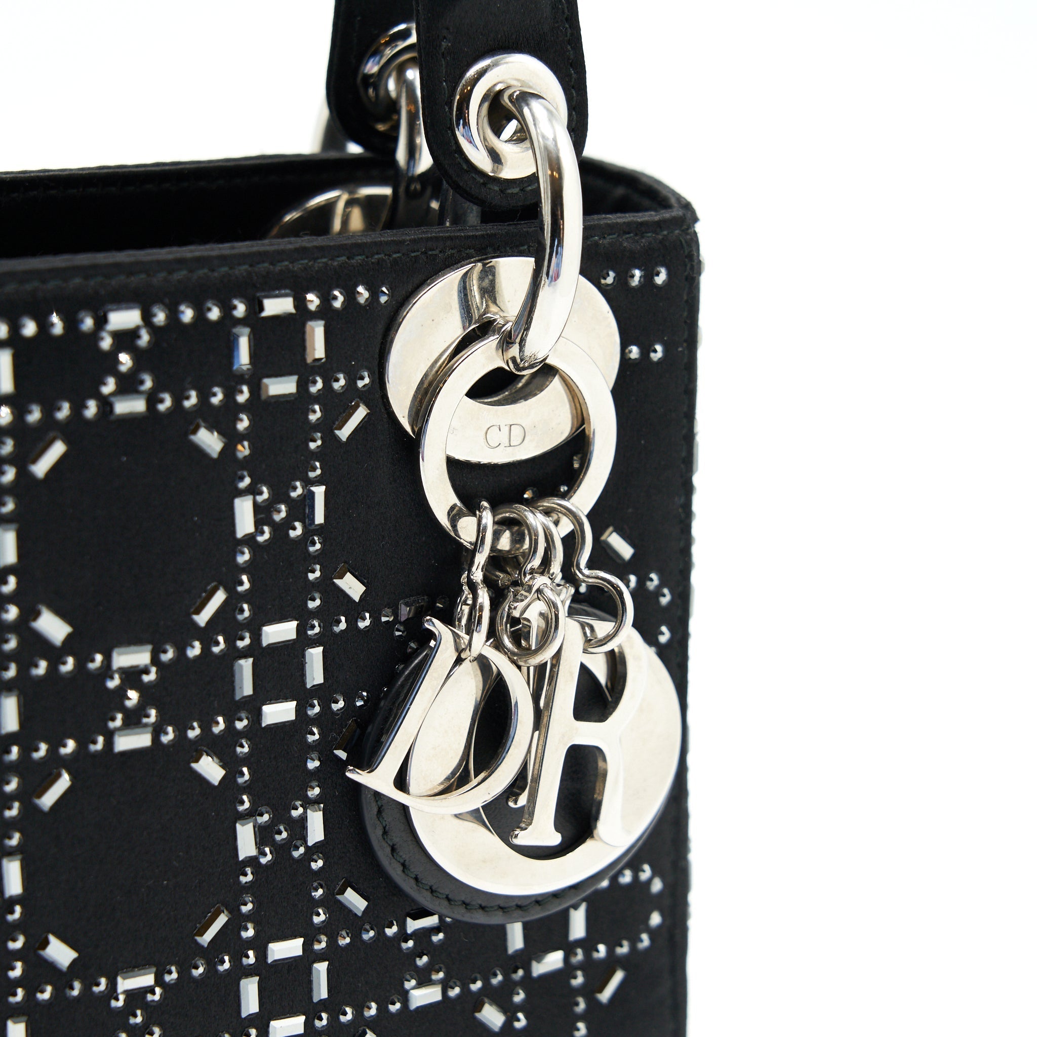 CHRISTIAN DIOR SATIN CRYSTAL CANNAGE MINI LADY DIOR BLACK