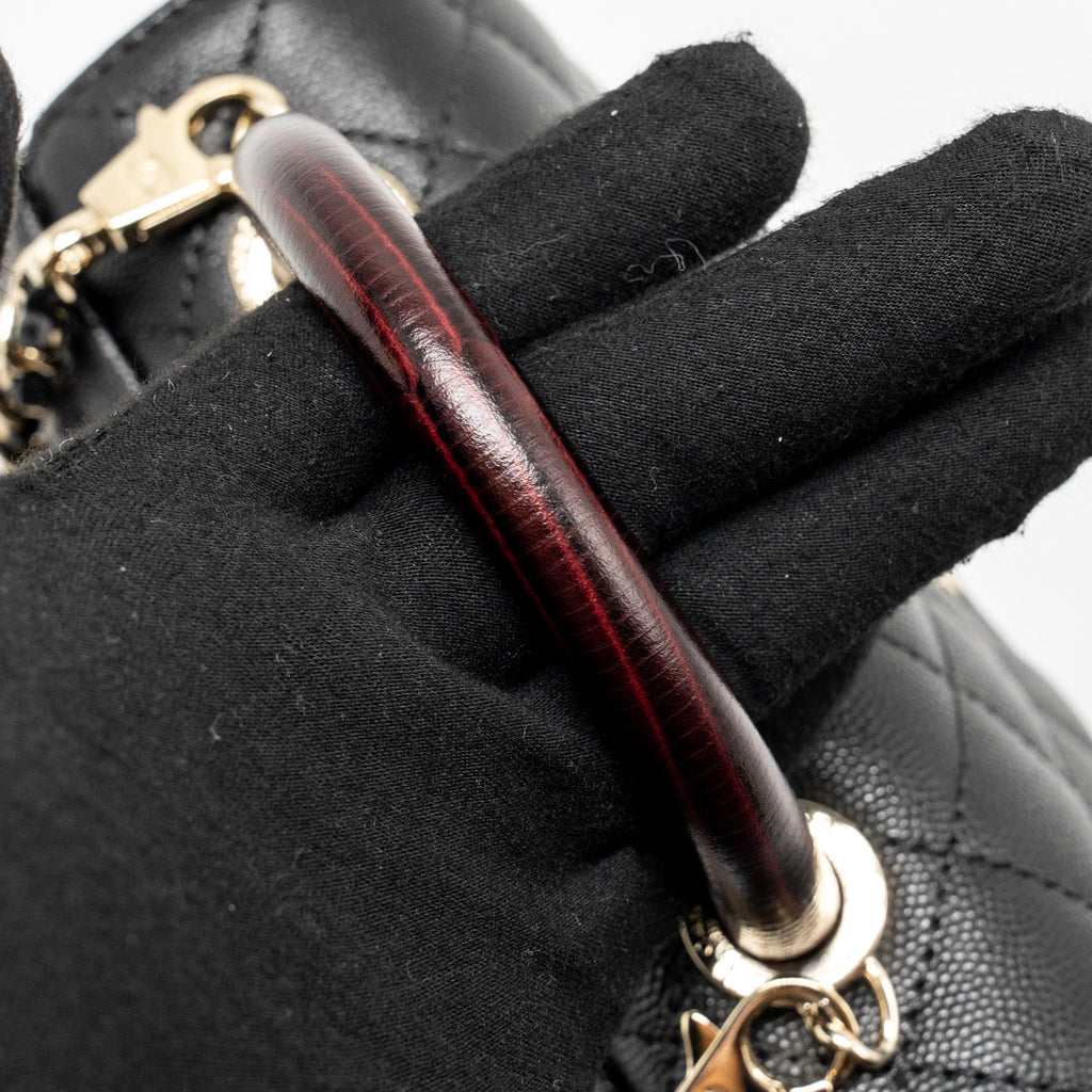 CHANEL MINI COCO HANDLE CAVIAR BLACK / BURGUNDY HANDLE LGHW (MICROCHIP)