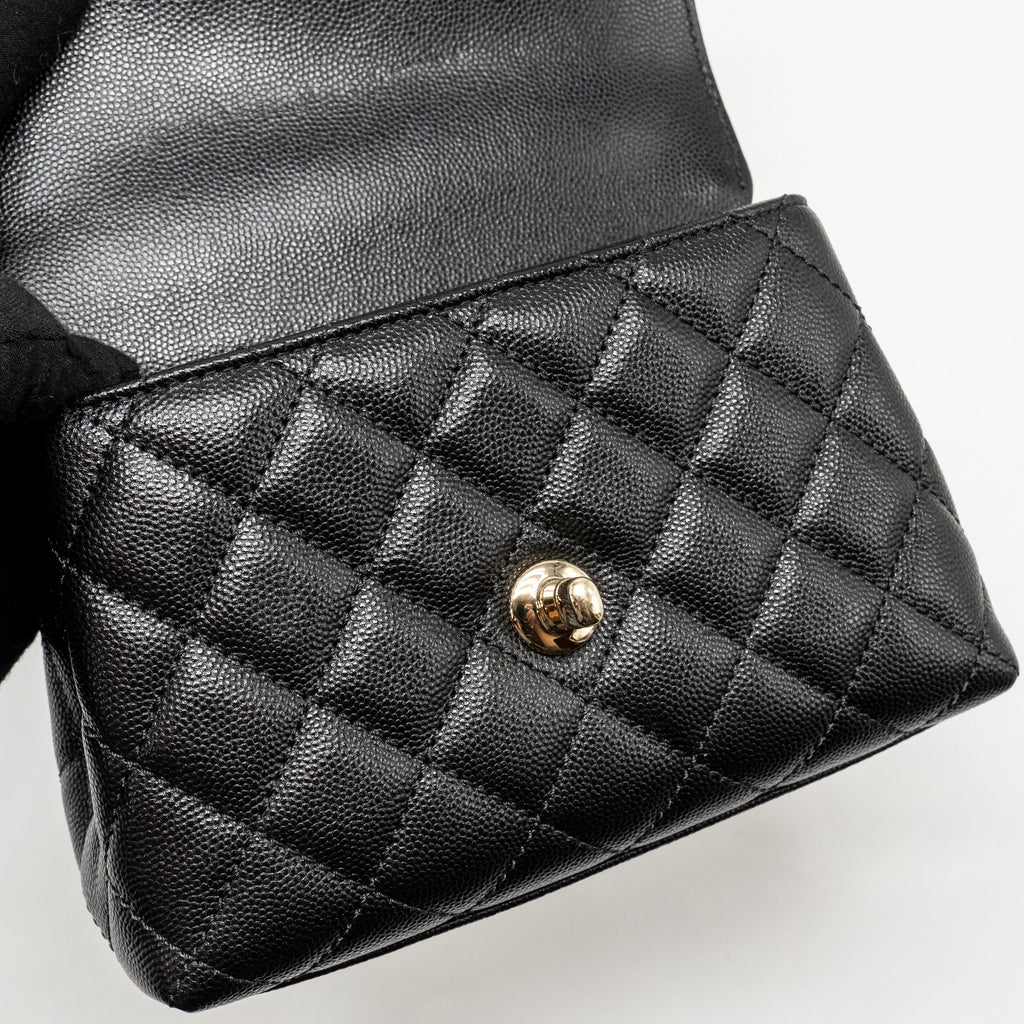 CHANEL MINI COCO HANDLE CAVIAR BLACK / BURGUNDY HANDLE LGHW (MICROCHIP)