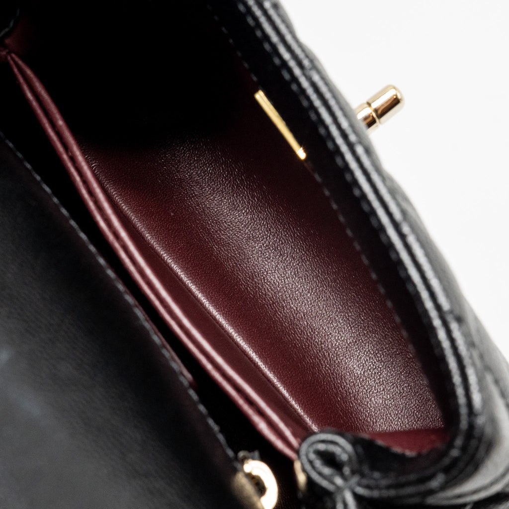 CHANEL MINI COCO HANDLE CAVIAR BLACK / BURGUNDY HANDLE LGHW (MICROCHIP)