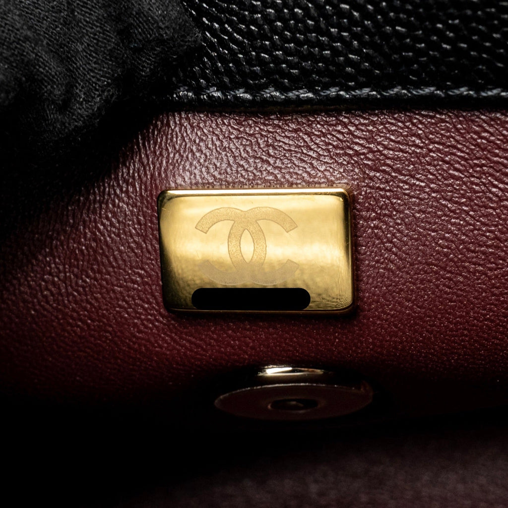 CHANEL MINI COCO HANDLE CAVIAR BLACK / BURGUNDY HANDLE LGHW (MICROCHIP)