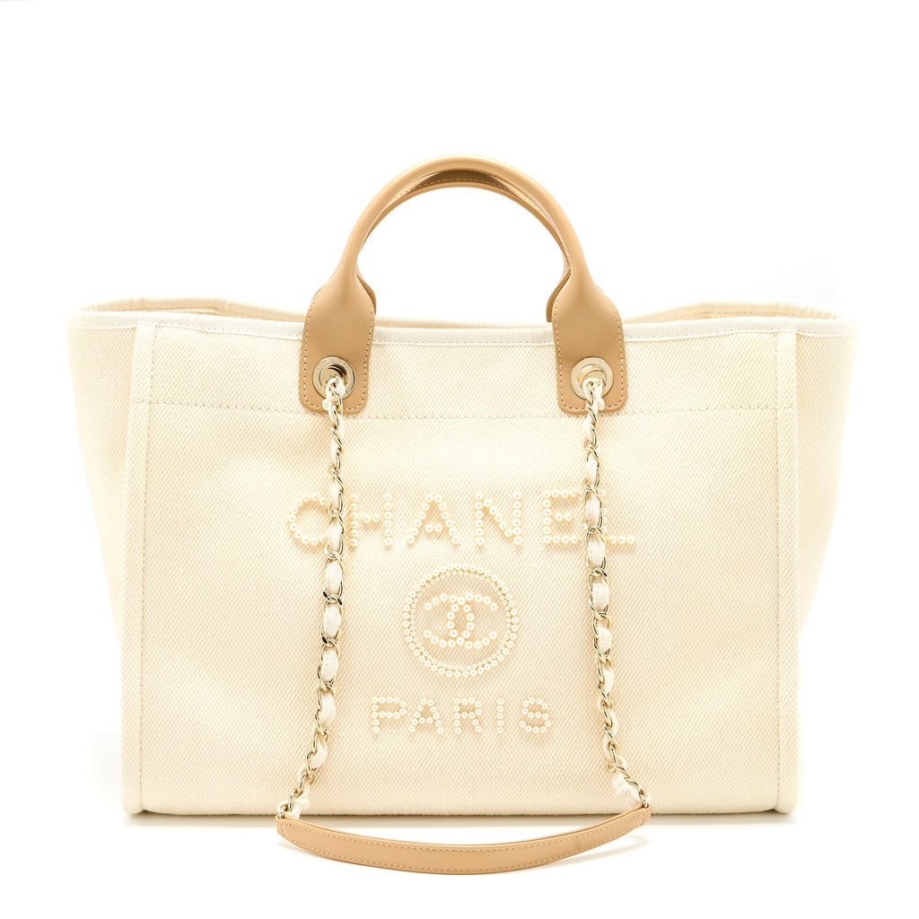 CHANEL DEAUVILLE TOTE BAG FABRIC/LEATHER CREAMY WHITE/BEIGE GHW