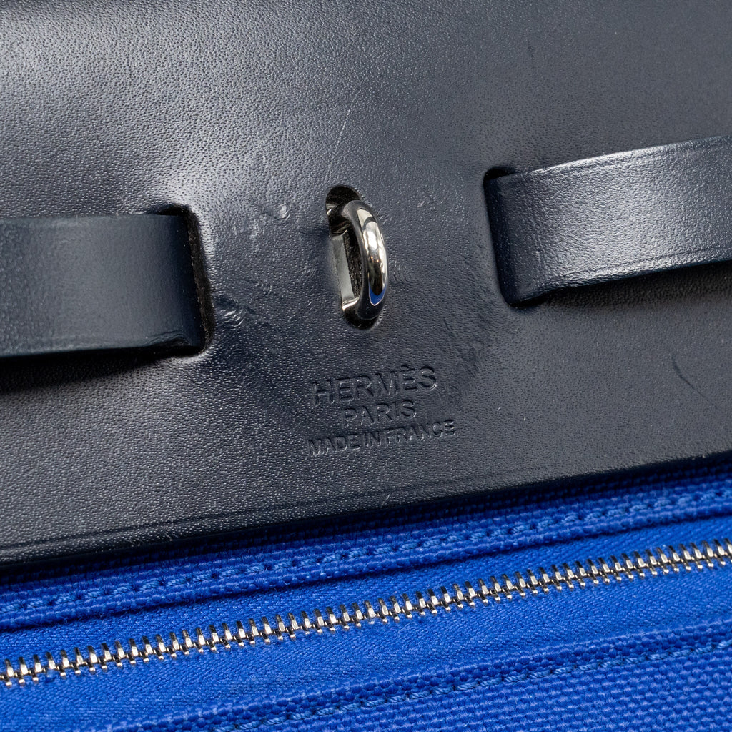 HERMES HERBAG 31 ZIP BAG CANVAS/HUNTER LEATHER BLEU ELECTRIQUE/BLEU INDIGO SHW