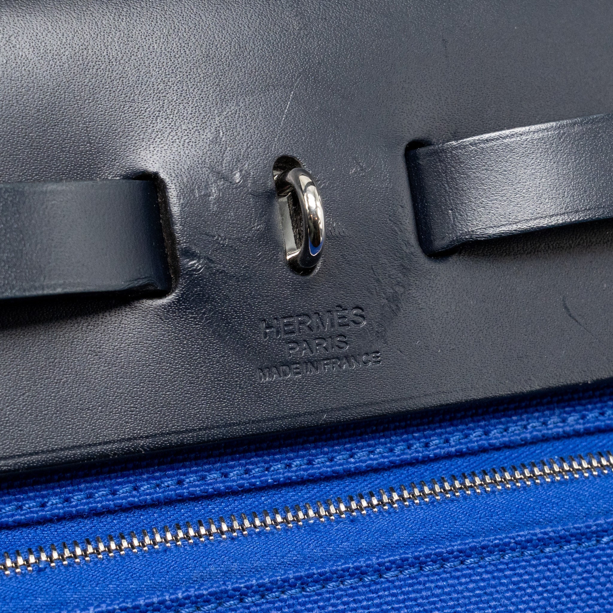 HERMES HERBAG 31 ZIP BAG CANVAS/HUNTER LEATHER BLEU ELECTRIQUE/BLEU INDIGO SHW