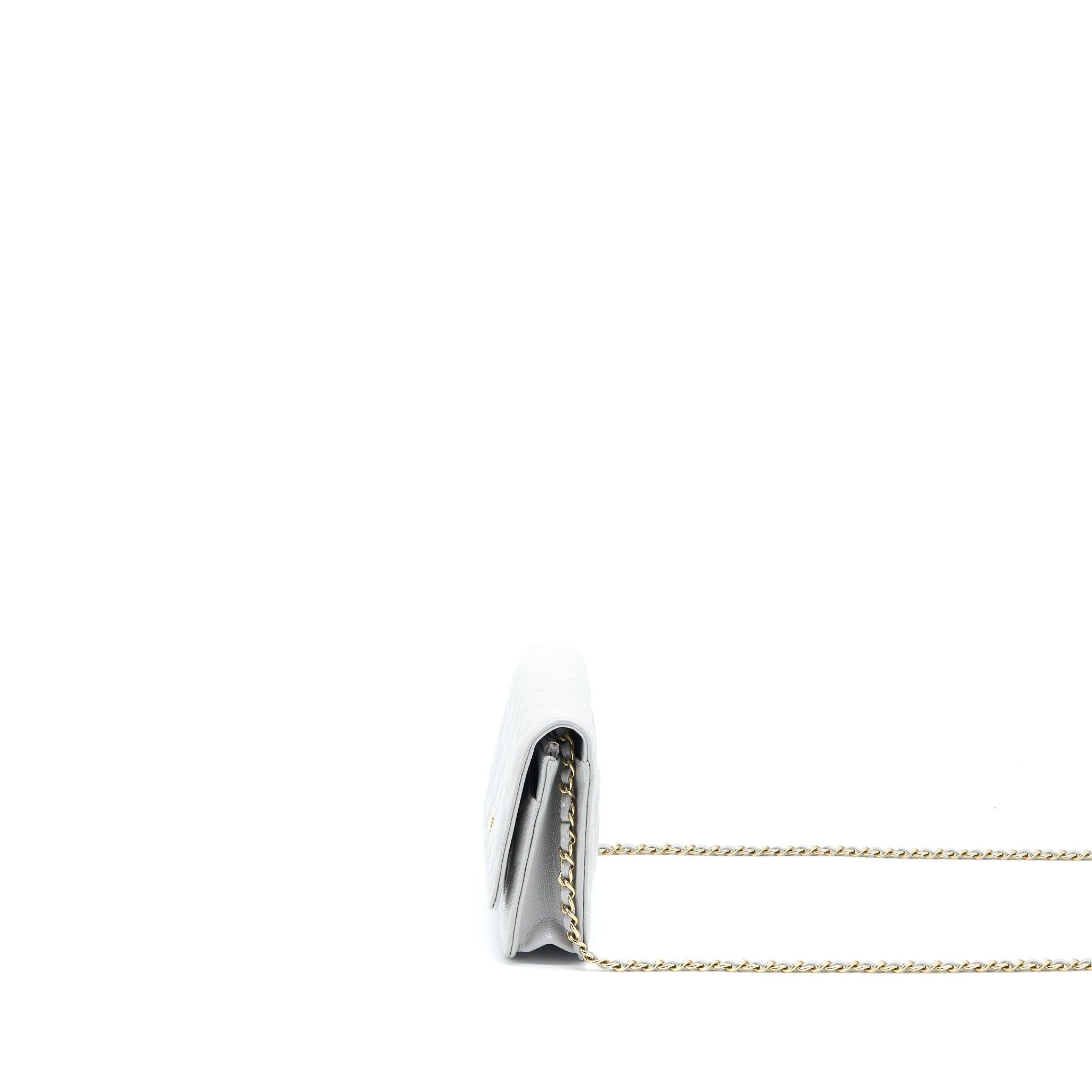 CHANEL CLASSIC WALLET ON CHAIN CAVIAR LIGHT GREY LGHW (MICROCHIP)