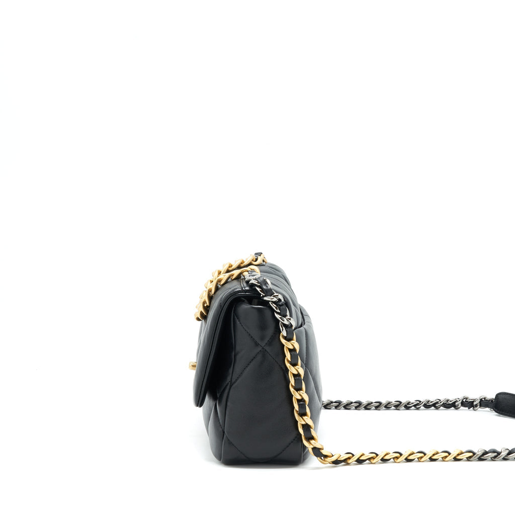 CHANEL 19 FLAP BAG SMALL LAMBSKIN BLACK GOLD/SLIVER HARDWARE