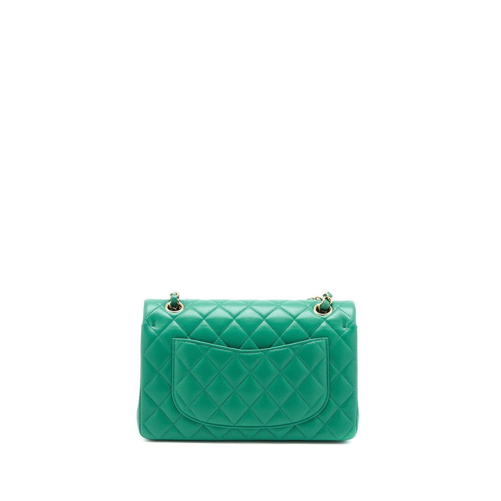 CHANEL SMALL CLASSIC DOUBLE FLAP BAG LAMBSKIN GREEN LGHW(MICROCHIP)