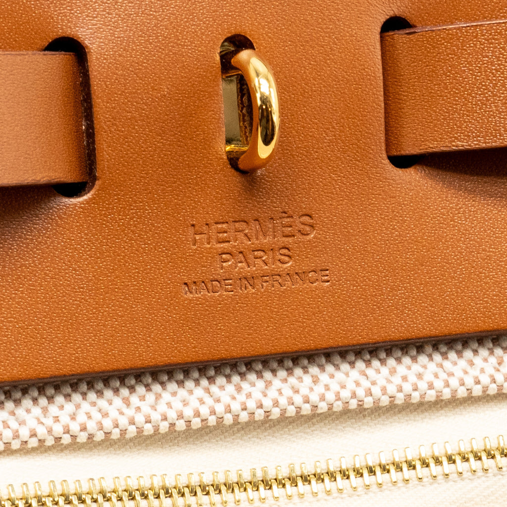 HERMES HERBAG 31 ZIP BAG CANVAS/HUNTER LEATHER ECRU-BEIGE/FAUV GHW