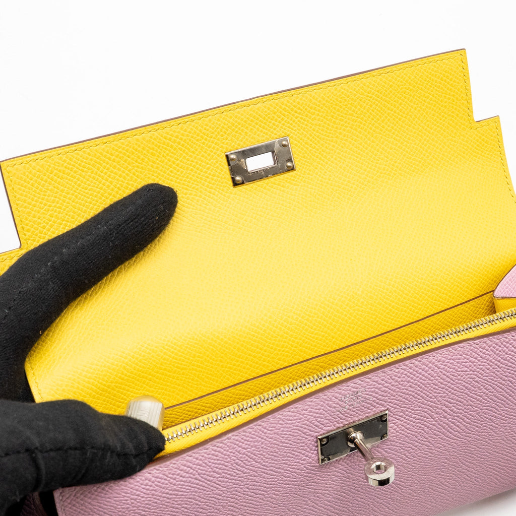 HERMES KELLY LONG WALLET EPSOM MAUVE SYLVESTRE / JAUNE CITRON SHW