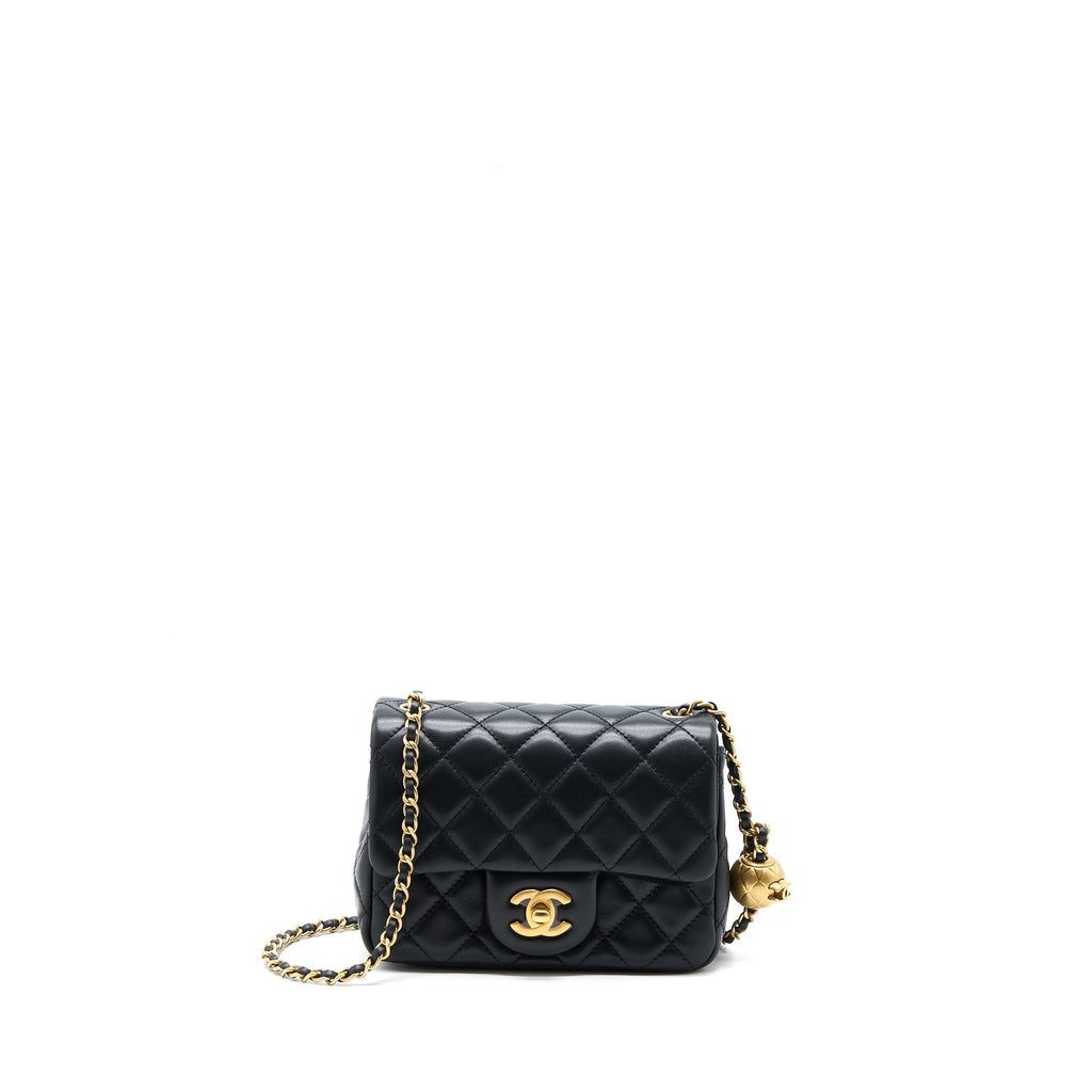 CHANEL PEARL CRUSH MINI SQUARE FLAP BAG LAMBSKIN BLACK BRUSHED GHW (MICROCHIP)
