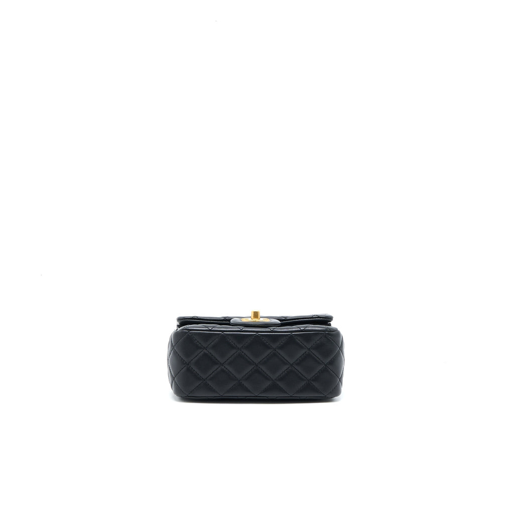 CHANEL PEARL CRUSH MINI SQUARE FLAP BAG LAMBSKIN BLACK BRUSHED GHW (MICROCHIP)