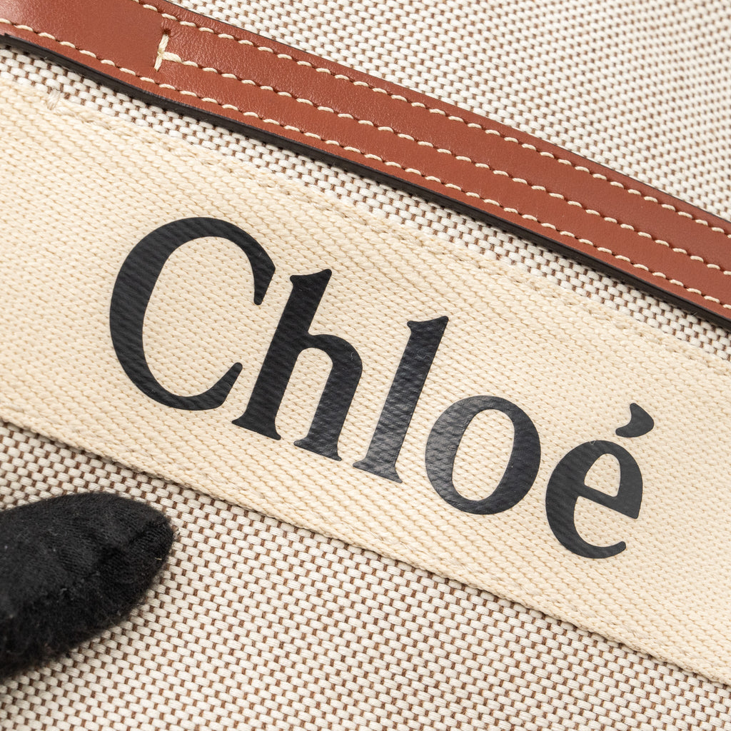 CHLOE MEDIUM WOODY TOTE BAG CANVAS WHITE/BROWN