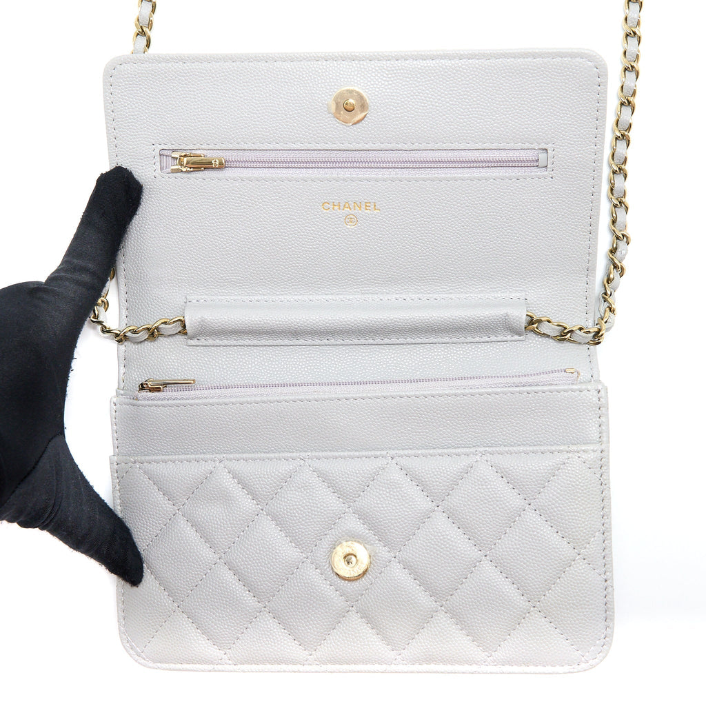 CHANEL CLASSIC WALLET ON CHAIN CAVIAR LIGHT GREY LGHW (MICROCHIP)