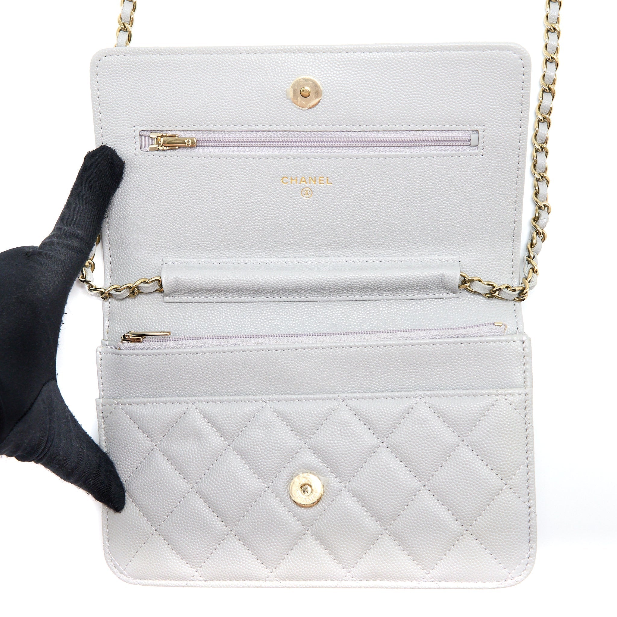 CHANEL CLASSIC WALLET ON CHAIN CAVIAR LIGHT GREY LGHW (MICROCHIP)