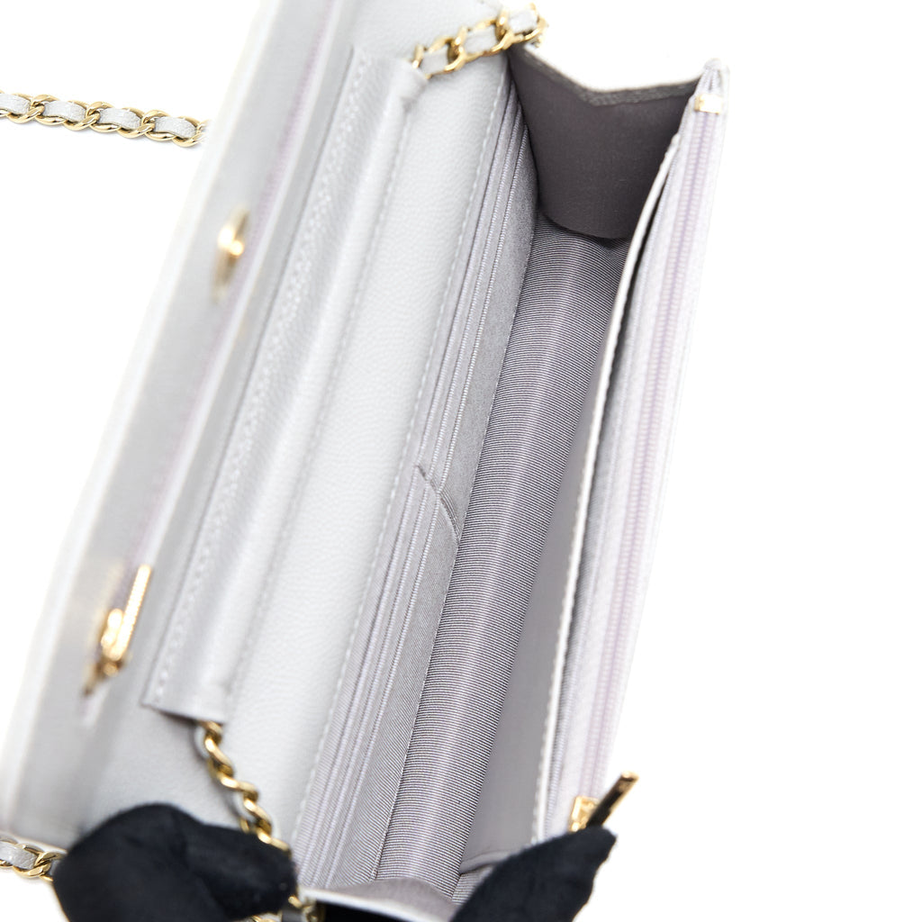 CHANEL CLASSIC WALLET ON CHAIN CAVIAR LIGHT GREY LGHW (MICROCHIP)