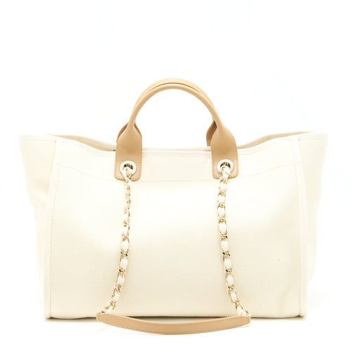 CHANEL DEAUVILLE TOTE BAG CANVAS LIGHT BEIGE LGHW