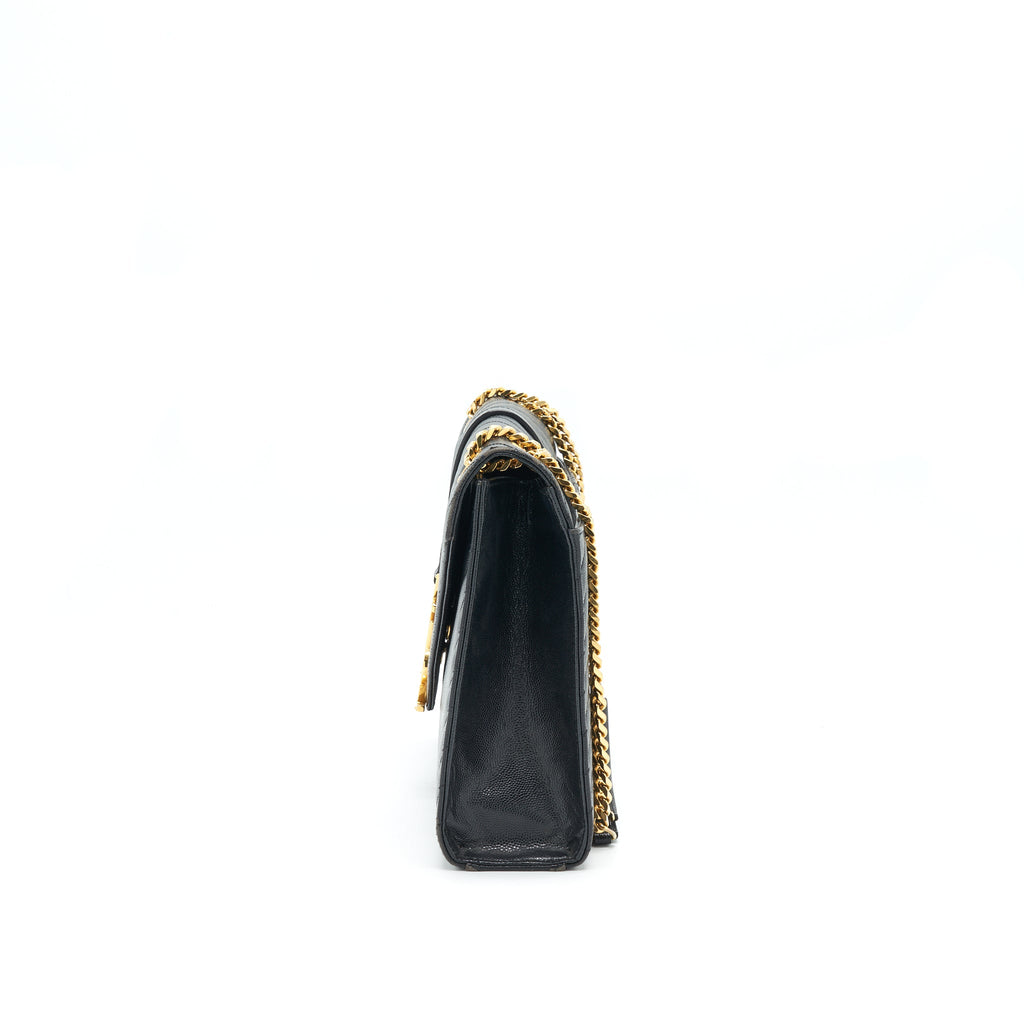 SAINT LAURENT / YSL LARGE ENVELOPE CHAIN FLAP BAG IN BLACK GRAIN DE POUDRE
