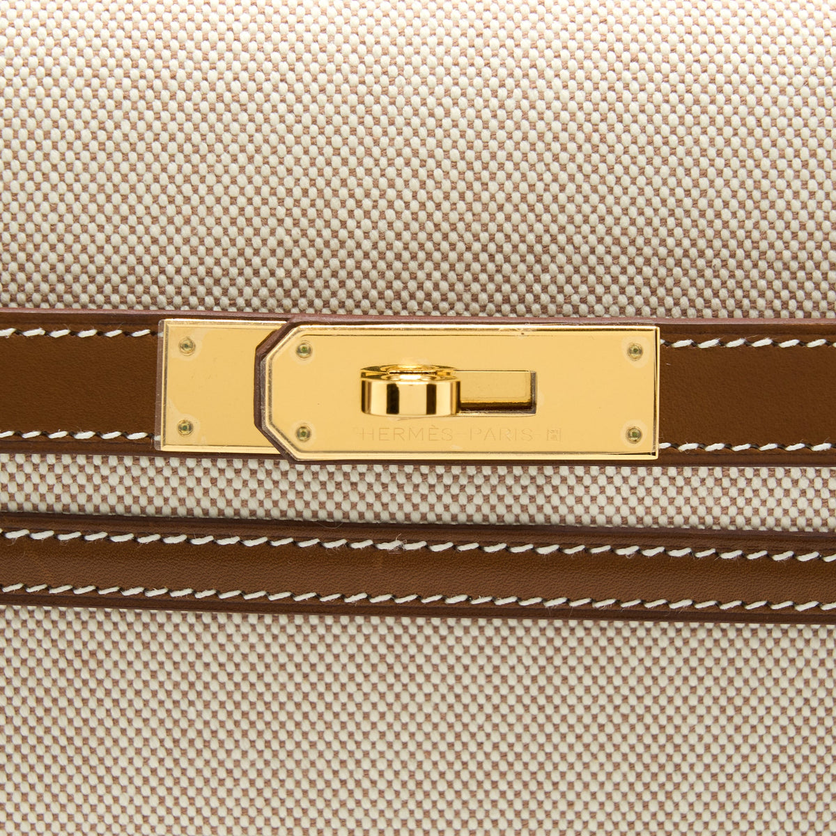 Hermes Pochette Kelly Depeches 25 Canvas and Barenia, Ecru/ Beige / Fauve GHW