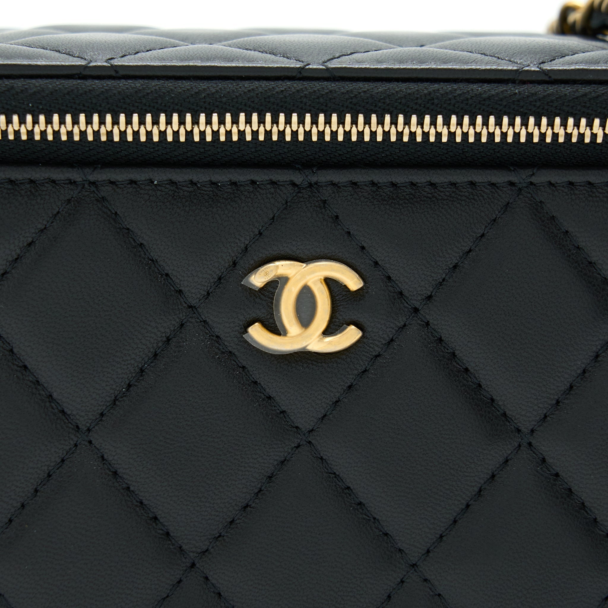 CHANEL PEARL CRUSH LONG VANITY WITH CHAIN LAMBSKIN BLACK GHW