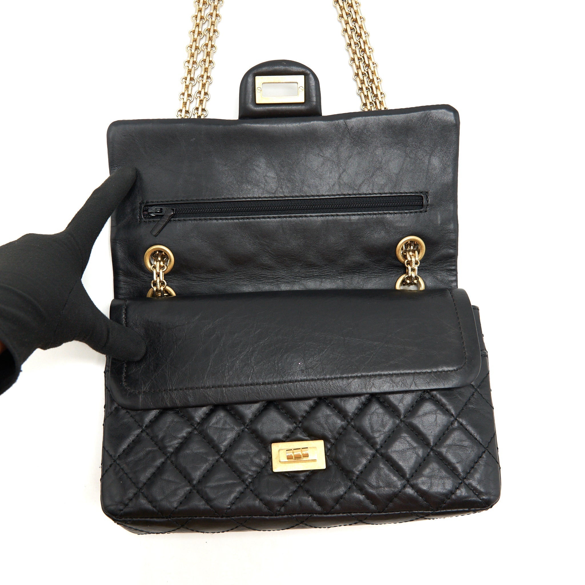 CHANEL 2.55 225 SMALL REISSUE DOUBLE FLAP BAG AGED CALFSKIN BLACK GHW