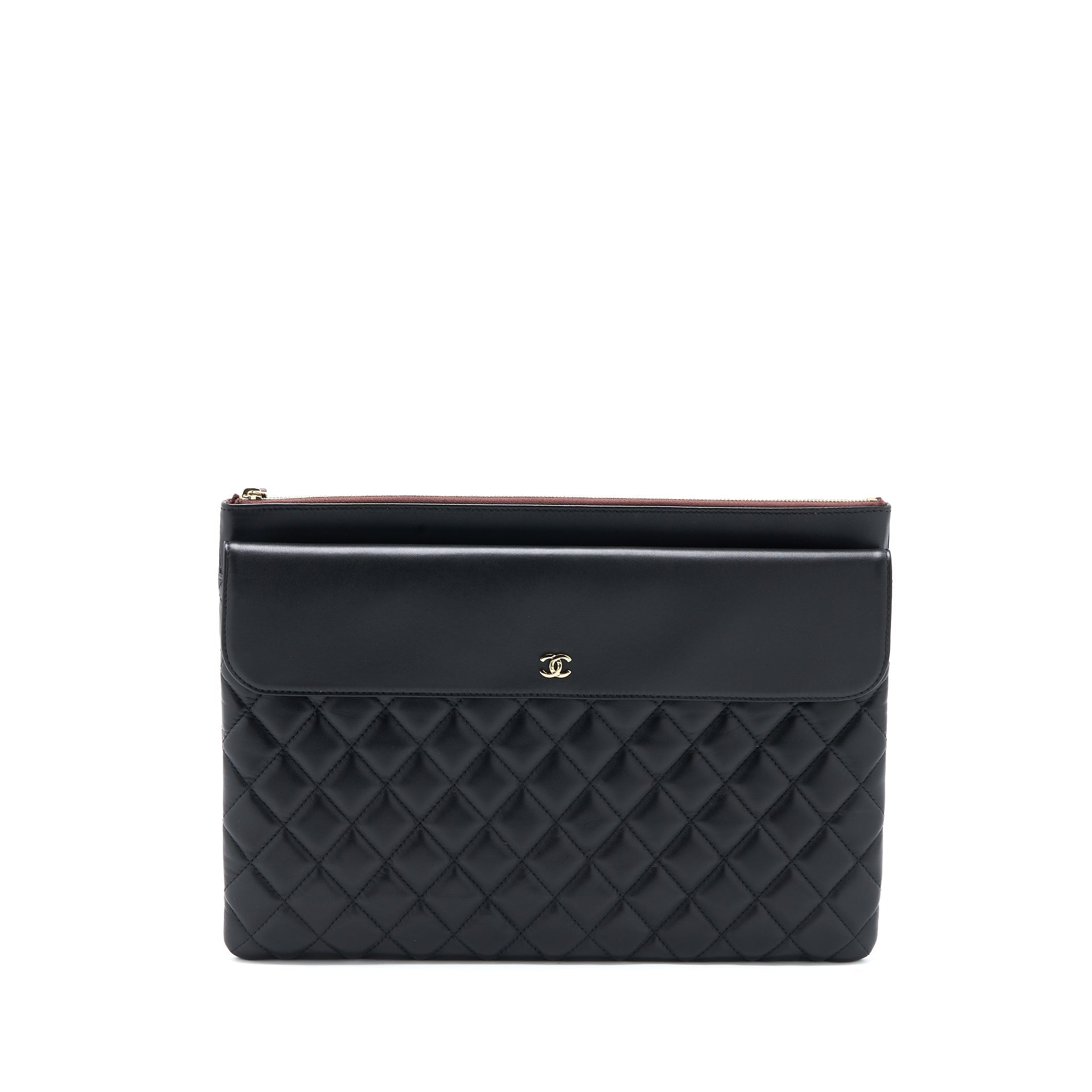 CHANEL QUILTED ZIP AND FLAP POUCH/CLUTCH LARGE MODEL LAMBSKIN BLACK LGHW