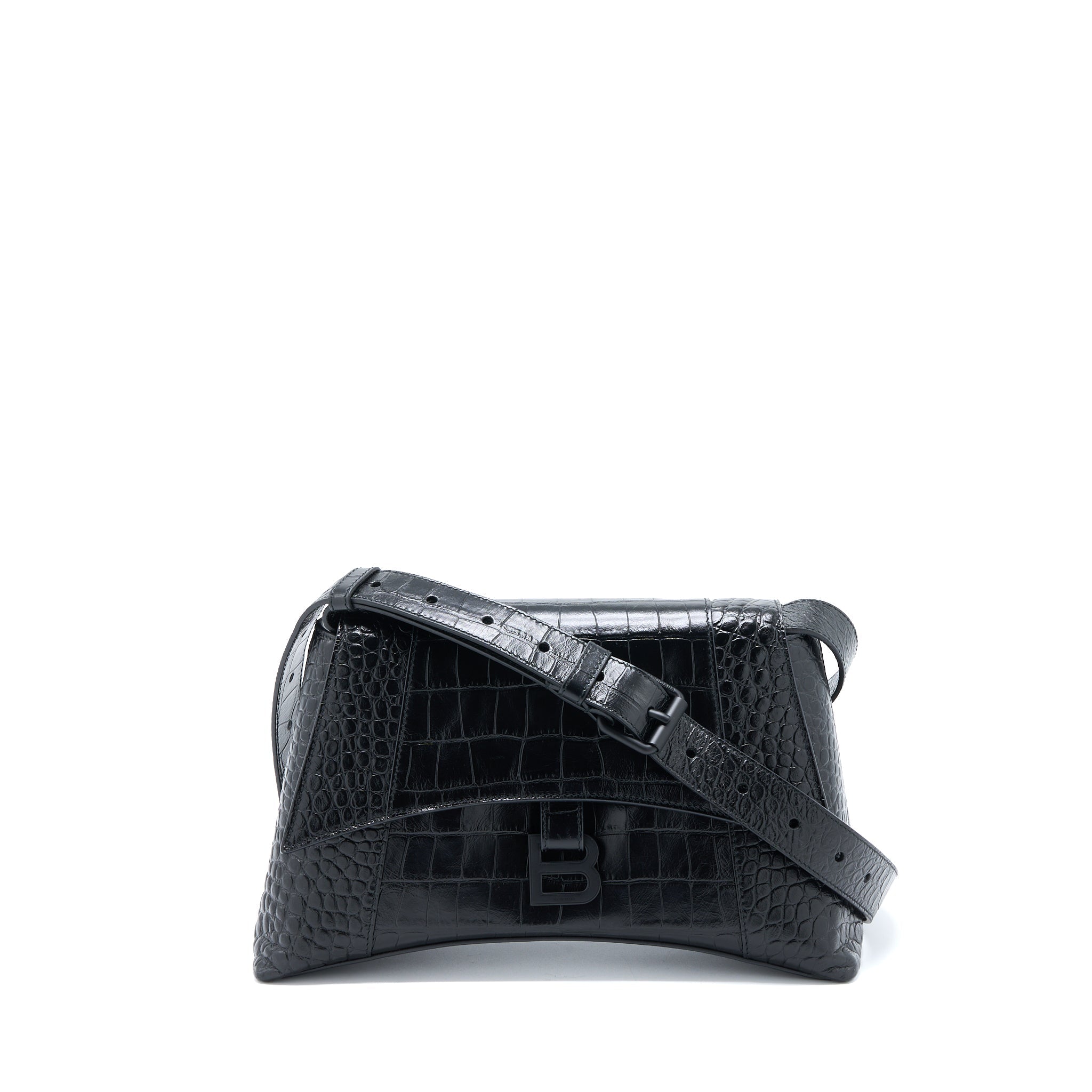 BALENCIAGA SMALL DOWNTOWN SHOULDER BAG CROC EMBOSSED LEATHER BLACK WITH BLACK HARDWARE