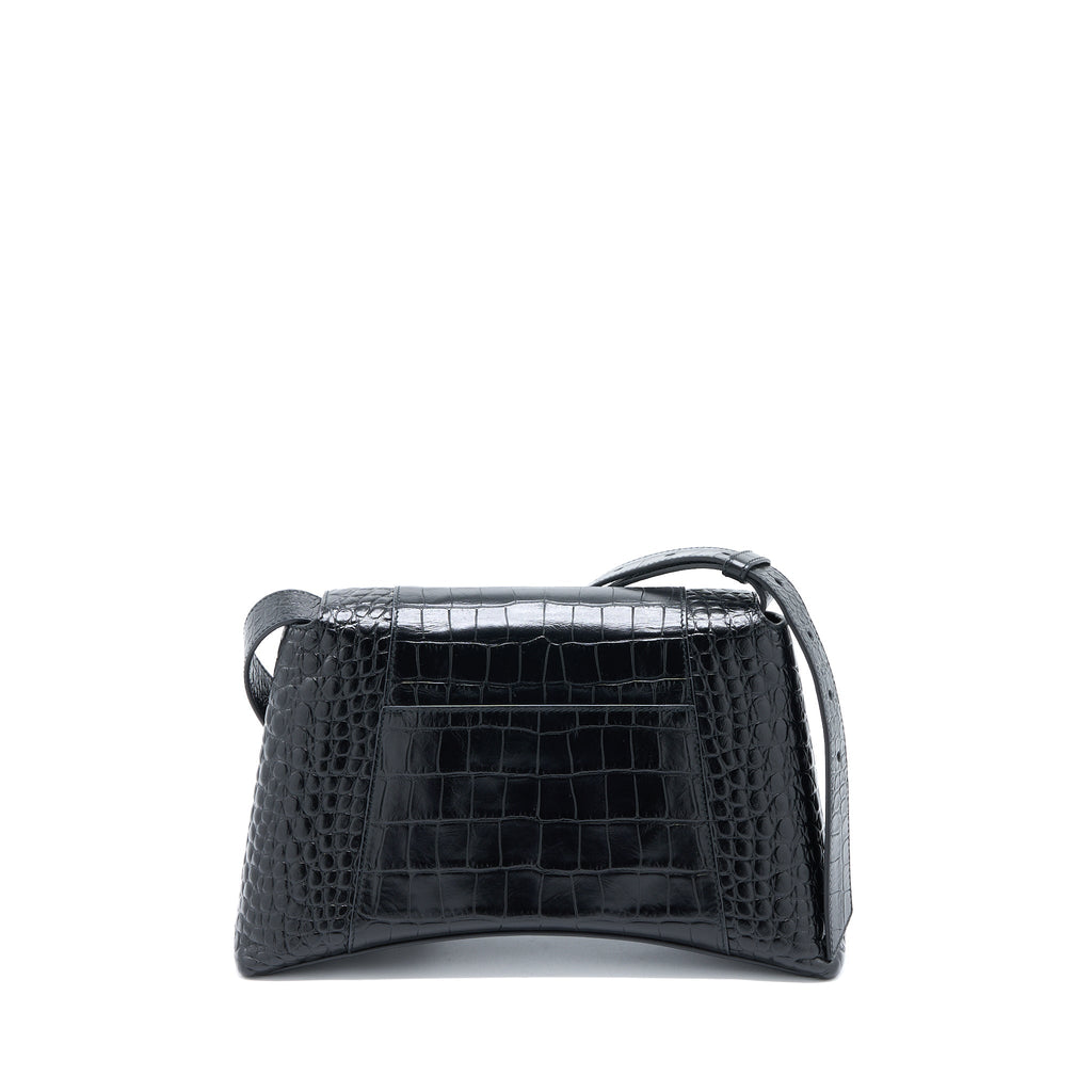 BALENCIAGA SMALL DOWNTOWN SHOULDER BAG CROC EMBOSSED LEATHER BLACK WITH BLACK HARDWARE