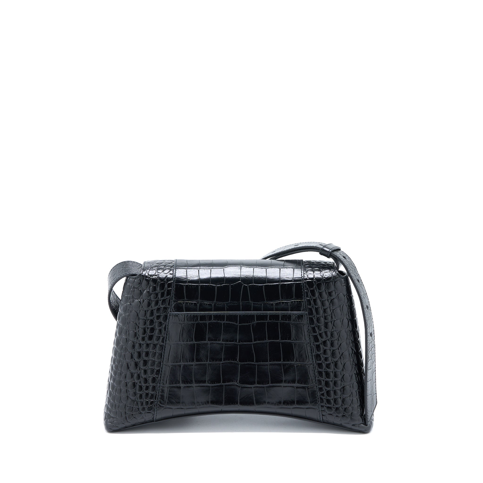 BALENCIAGA SMALL DOWNTOWN SHOULDER BAG CROC EMBOSSED LEATHER BLACK WITH BLACK HARDWARE