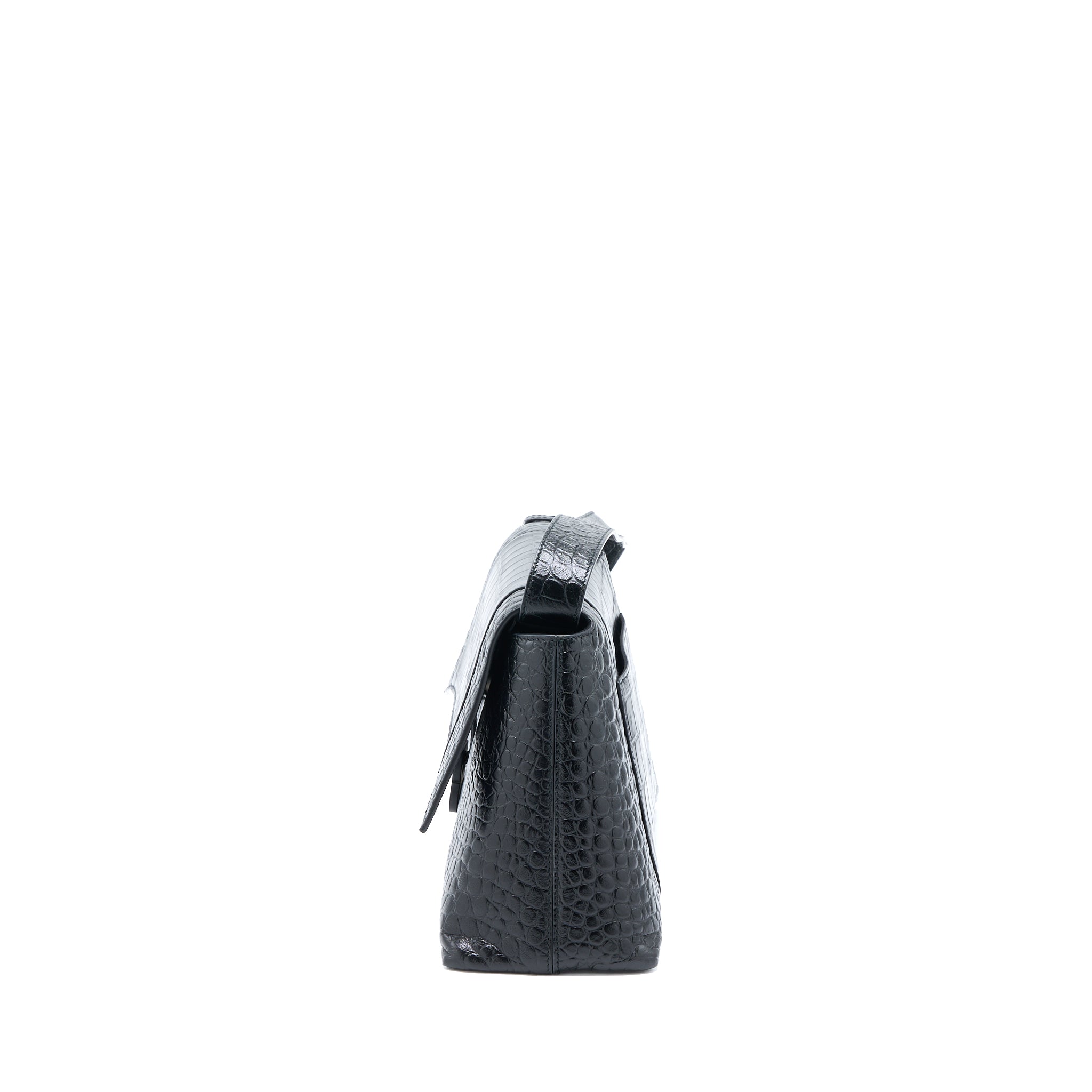 BALENCIAGA SMALL DOWNTOWN SHOULDER BAG CROC EMBOSSED LEATHER BLACK WITH BLACK HARDWARE