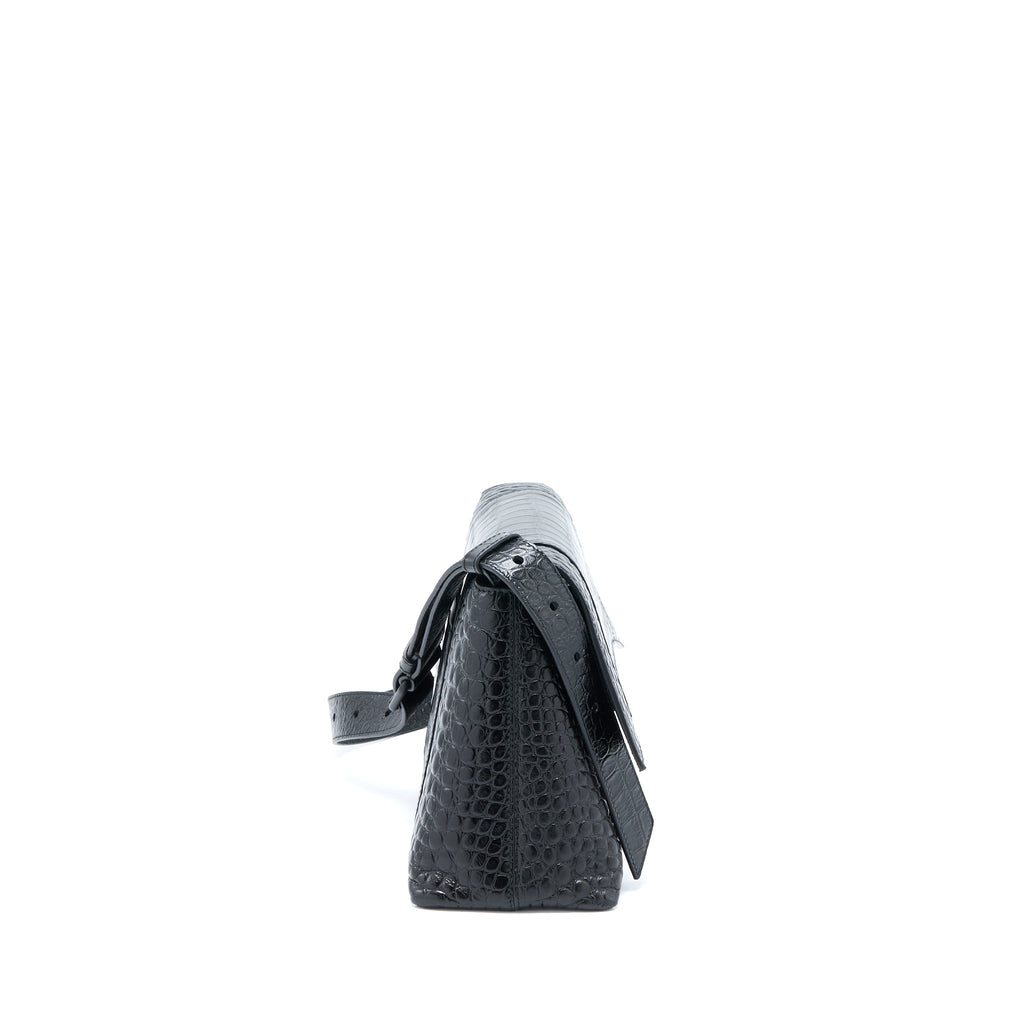 BALENCIAGA SMALL DOWNTOWN SHOULDER BAG CROC EMBOSSED LEATHER BLACK WITH BLACK HARDWARE