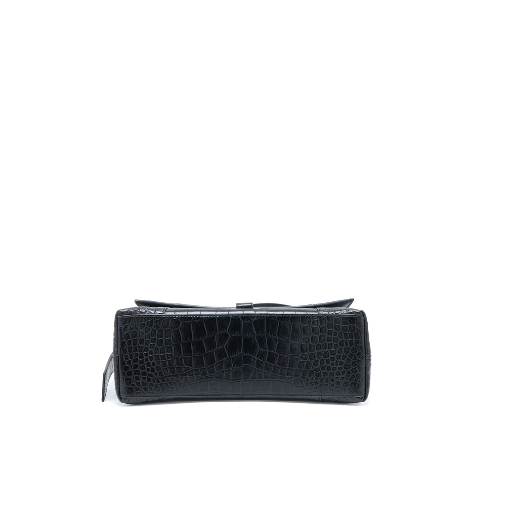 BALENCIAGA SMALL DOWNTOWN SHOULDER BAG CROC EMBOSSED LEATHER BLACK WITH BLACK HARDWARE
