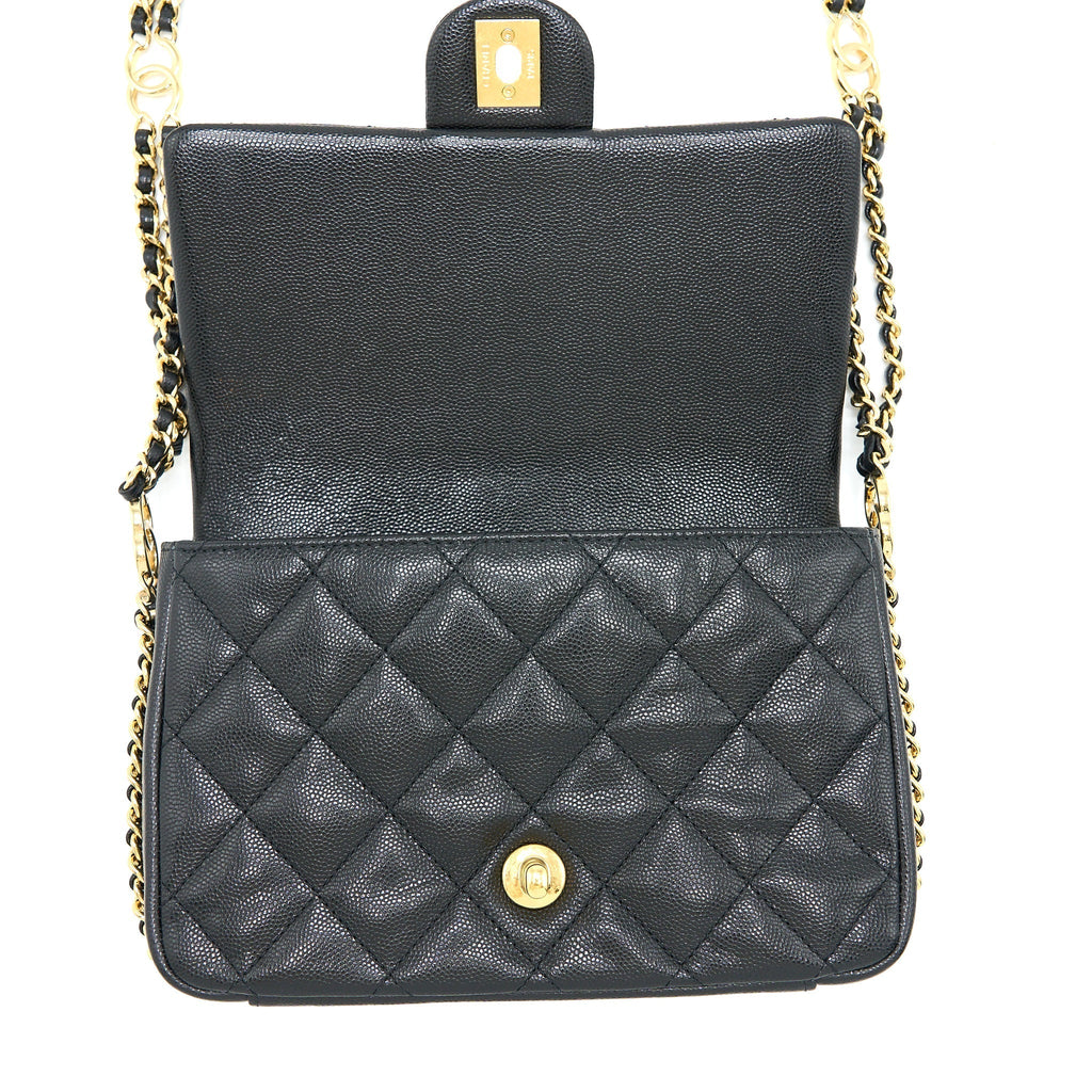 CHANEL 23C MINI FLAP BAG WITH CC LOGO CHAIN GRAINED CALFSKIN BLACK GHW (MICROCHIP)